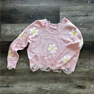 Pink with Daisies Fringed Hem Sweater